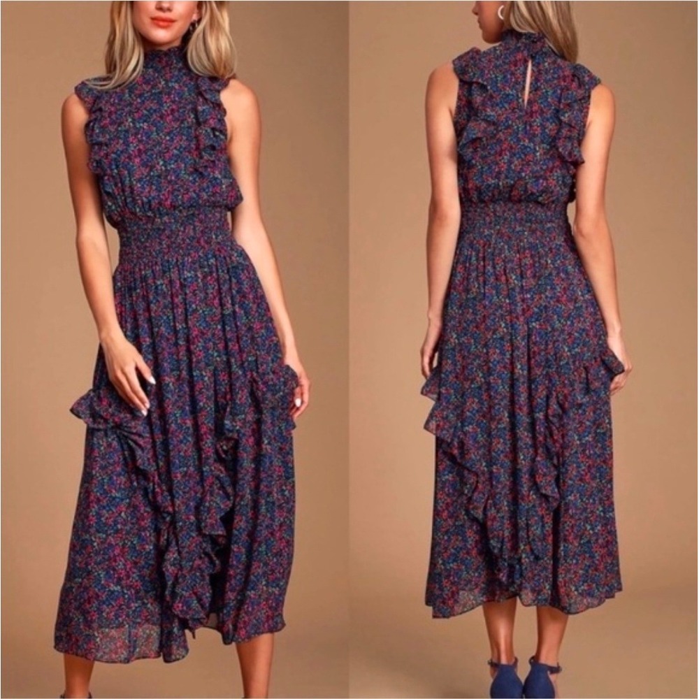 Lulus Evalina Navy Floral Ruffle Smocked Midi Dress Sleeveless High Neck Small